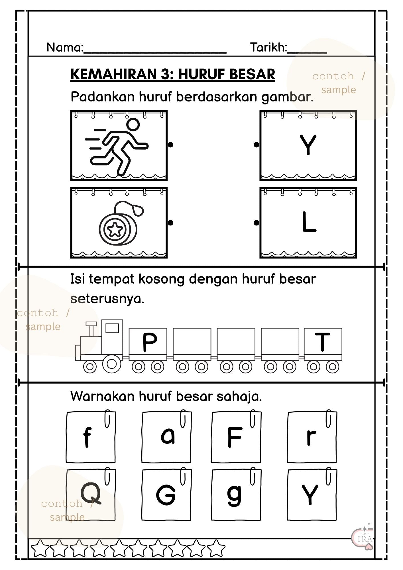 Belajar Kemahiran 3 Mengenal Huruf Besar banyak Aktiviti dan Latihan untuk anak Educational worksheet with letter recognition and writing practice for children.