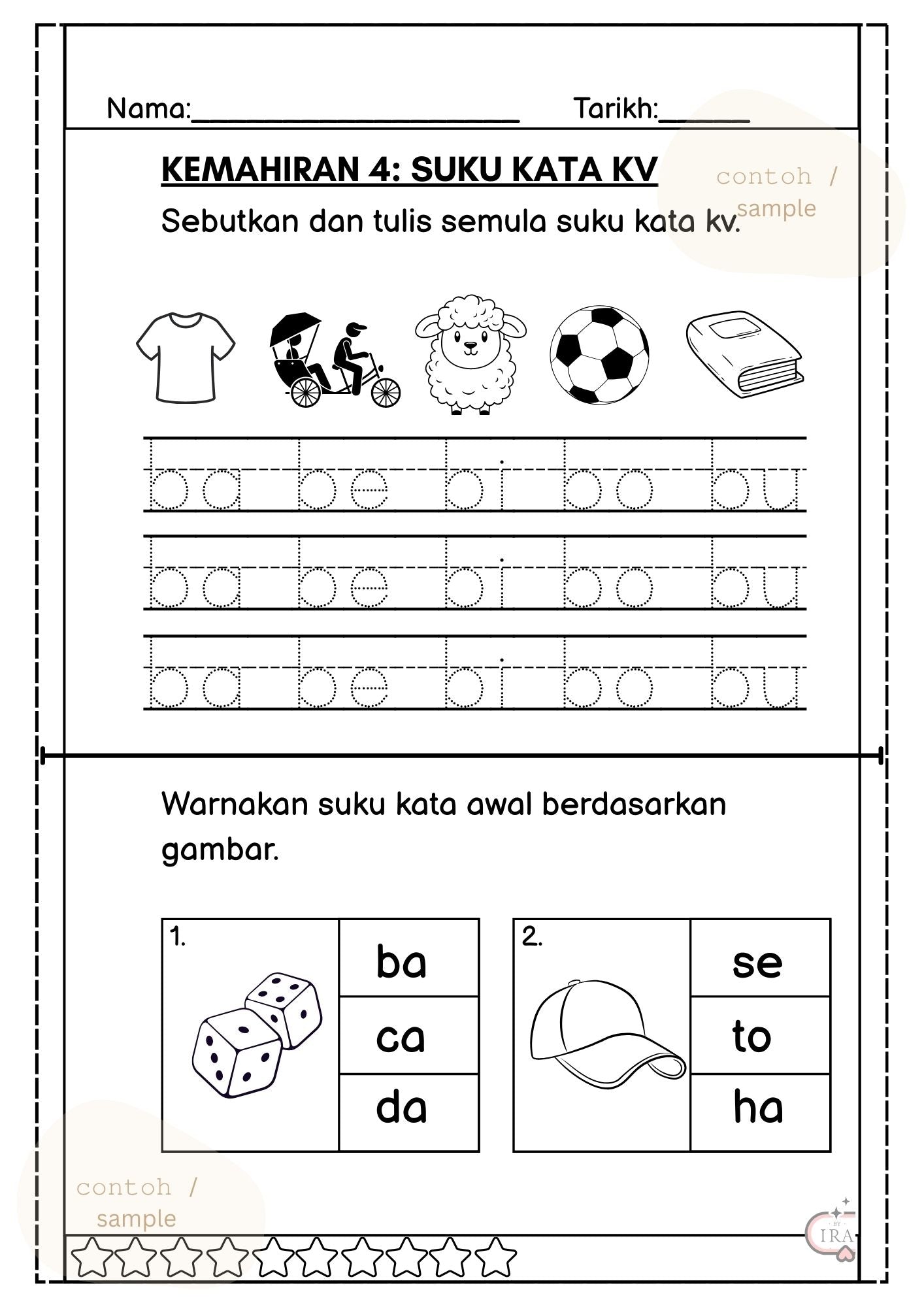 Belajar dengan buat latihan worksheet kemahiran 4 suku kata kv ba be bi bo bu berguna untuk anak murid dan berguna untuk ibu bapa dan guru