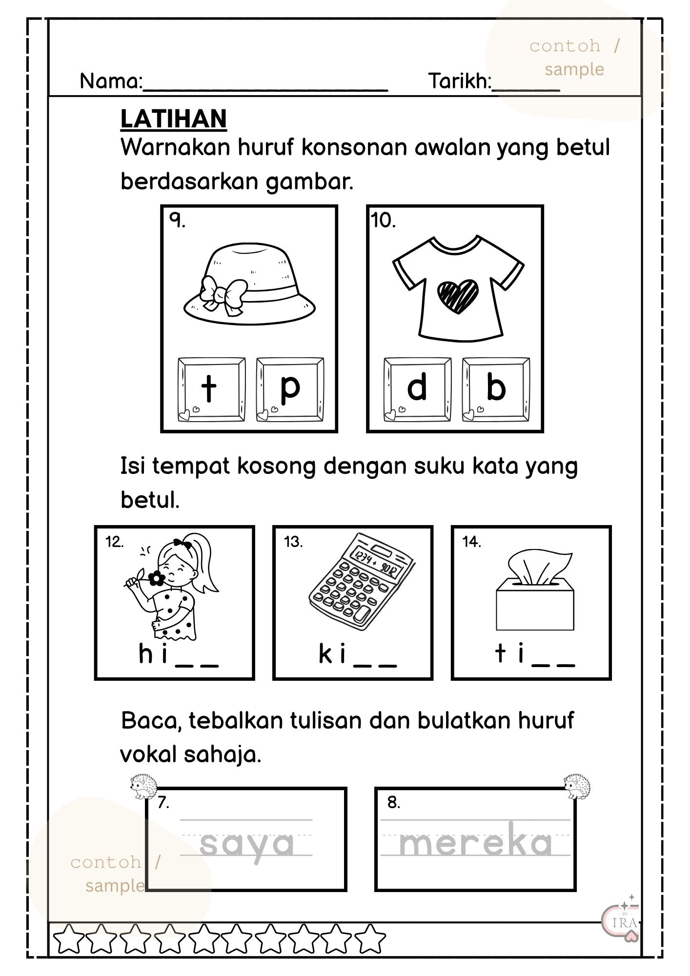 contoh latihan mewarna huruf konsonan awalan yang betul berdasarkan gambar untuk memastikan anak murid faham perbezaan huruf vokal dan konsonan. Murid di minta mengisi temoat kosong dengan suku kata yang betul, baca dan juga menulis semula suku kata.