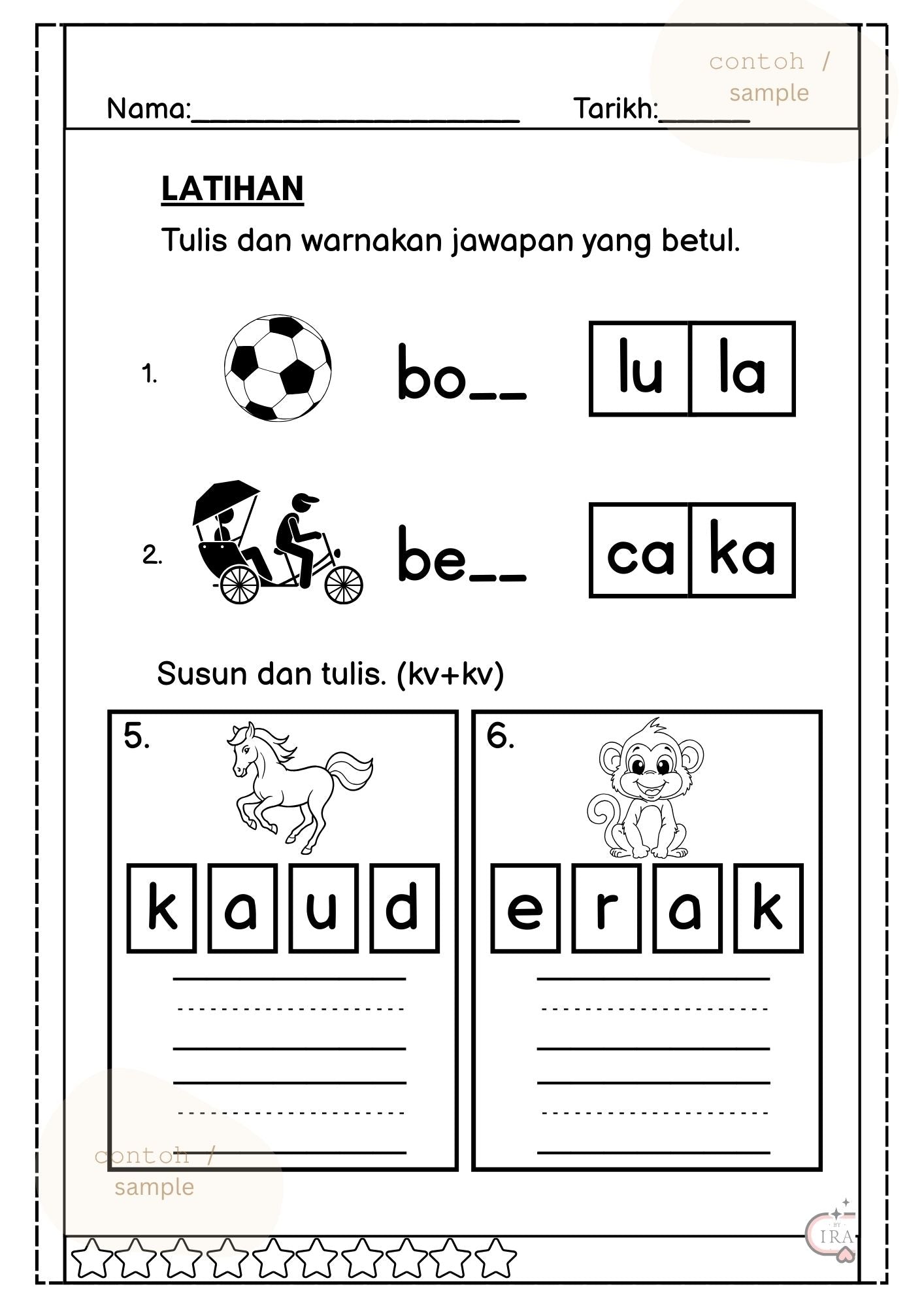 Contoh latihan tulis dan warnakan jawapan yang betul seperti bola. Susun dan tulis kvkv.