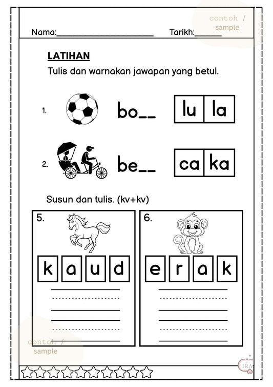 Contoh latihan tulis dan warnakan jawapan yang betul seperti bola. Susun dan tulis kvkv.