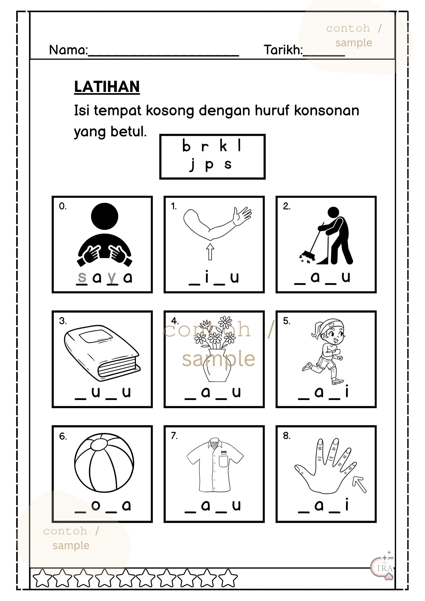 Satu muka surat penuh latihan seperti isi tempat kosong dengan huruf konsonan yang betul disertakan gambar juga kerana visual yang menarik juga antara cara menarik perhatian anak murid untuk belajar bahasa melayu dan mata pelajaran yang lain. Educational worksheet with pictures and placeholders for consonants in Malay